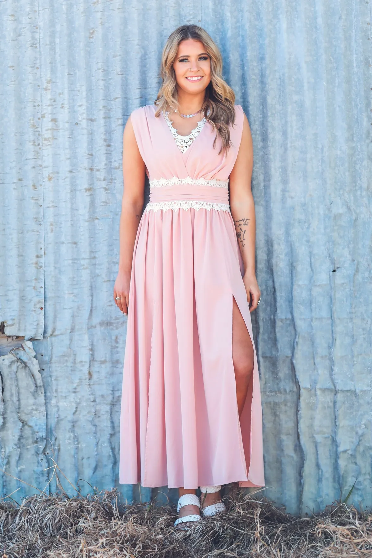 Peach and White Lace Trim Maxi Dress