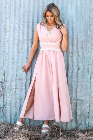 Peach and White Lace Trim Maxi Dress
