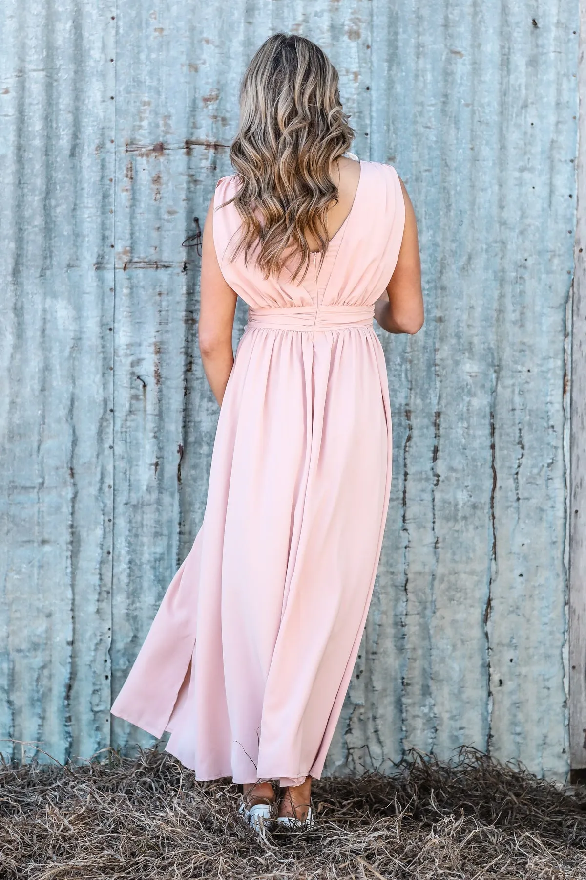 Peach and White Lace Trim Maxi Dress