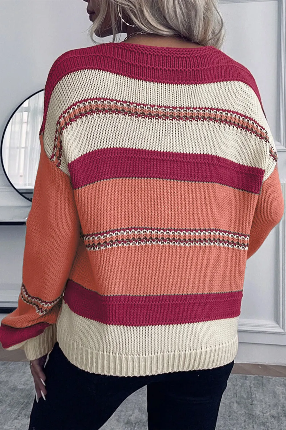 Peach Blossom Striped Pattern Knit V Neck Sweater