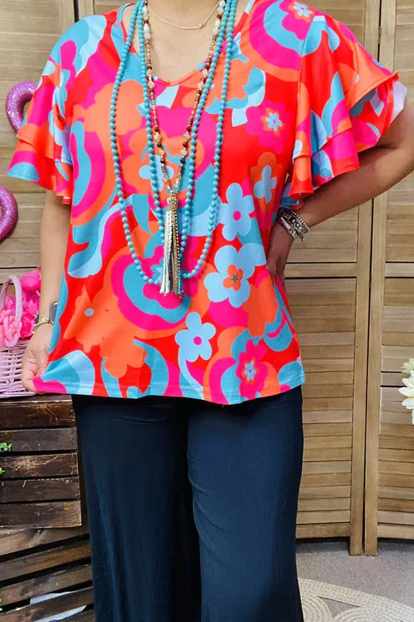 Pink, Orange, Turquoise top ruffle sleeves