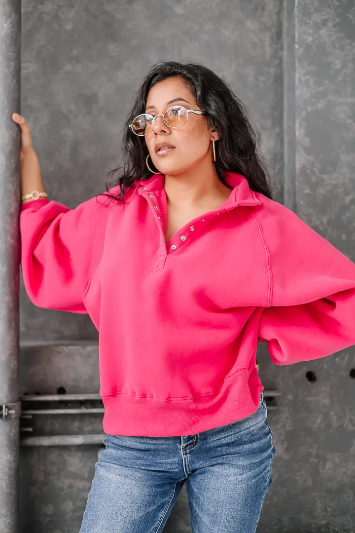 Piper Snap Button Collared Pullover | Raspberry