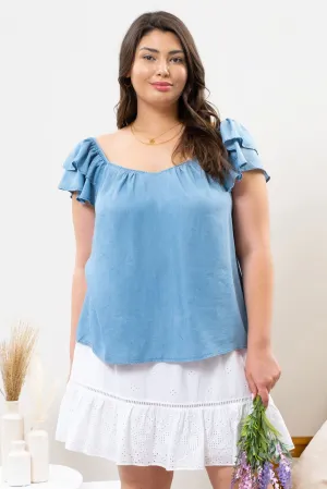 PLUS CHAMBRAY RUFFLE SLEEVE TOP