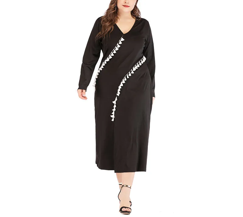 Plus Size V-neck Split Sleeve Tassel Long Sleeve A-line Dress