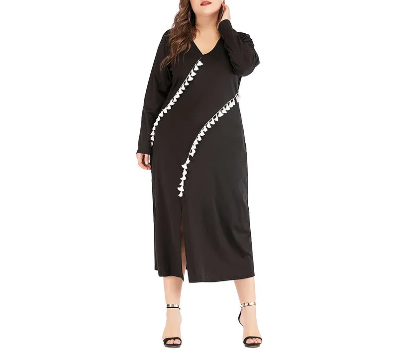 Plus Size V-neck Split Sleeve Tassel Long Sleeve A-line Dress