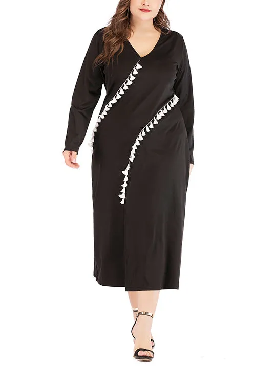 Plus Size V-neck Split Sleeve Tassel Long Sleeve A-line Dress