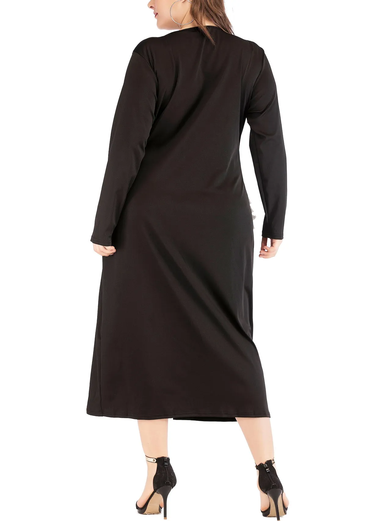 Plus Size V-neck Split Sleeve Tassel Long Sleeve A-line Dress