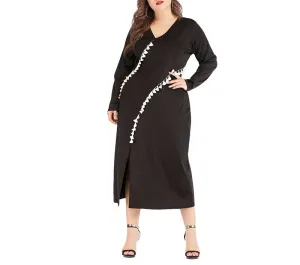 Plus Size V-neck Split Sleeve Tassel Long Sleeve A-line Dress