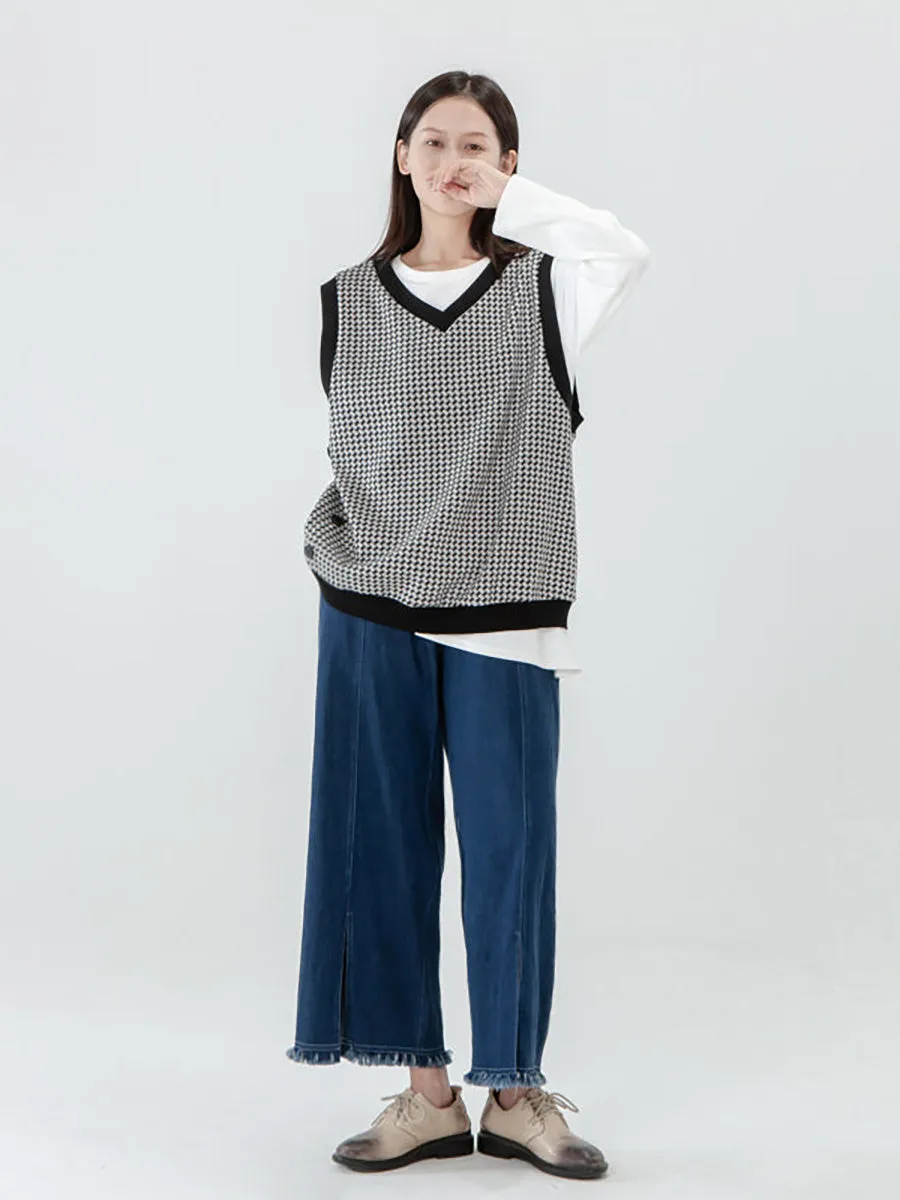 Plus Size Women Plaid Knitted Vest Pullover Sweater