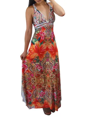 Premium Sleeveless Sublimation Maxi Dress Royal Flowers Orange