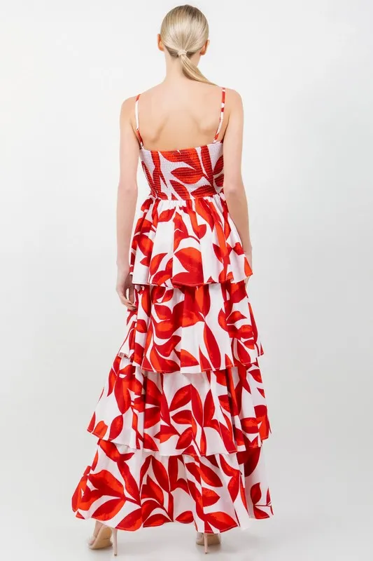 PRINTED MULTI TIERED SMOCKED BACK MAXI DRESS