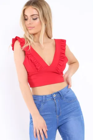 Red Plunge Ruffle Crop Top - Sofia