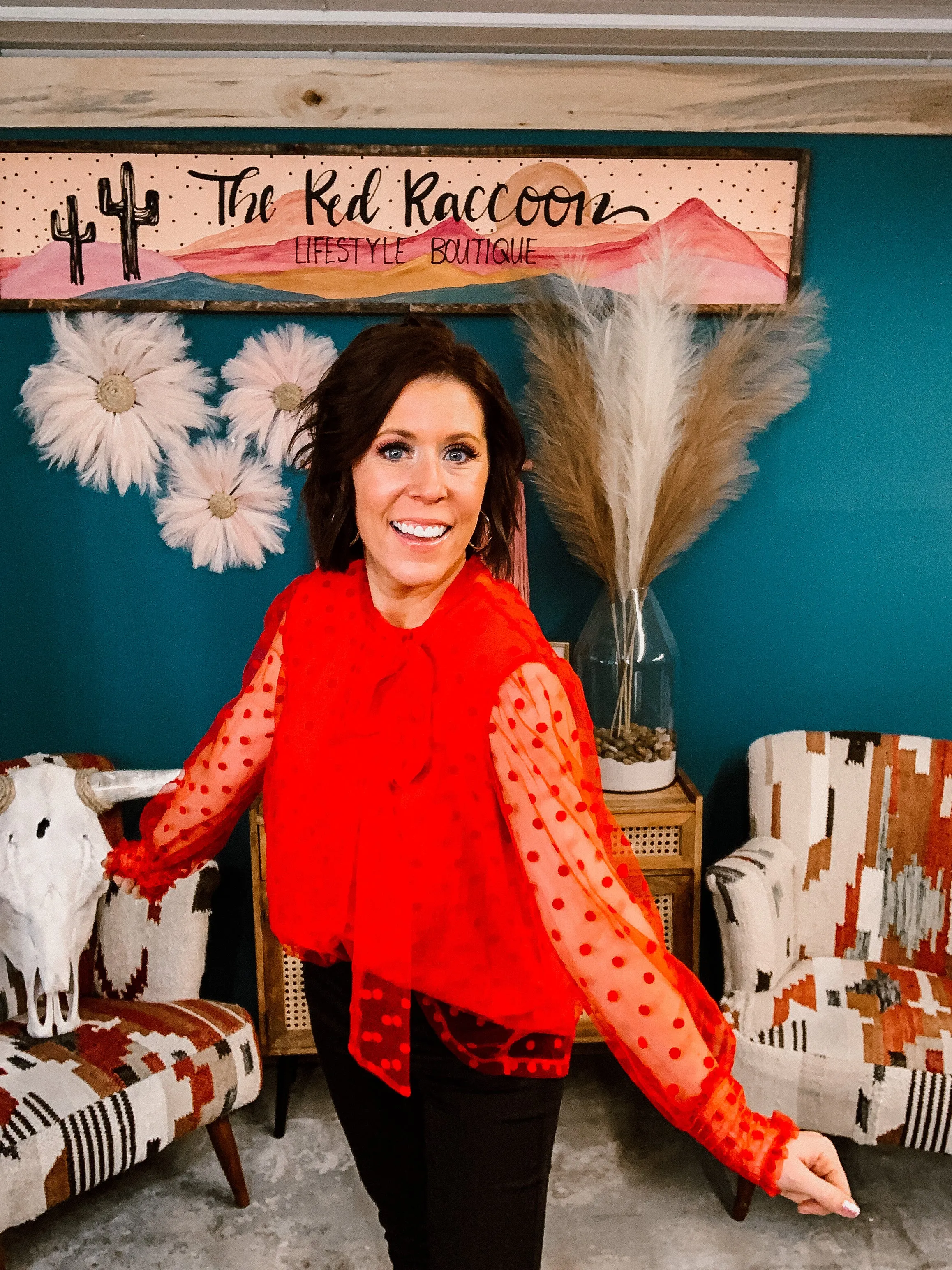 Red Polka Dot L/S Blouse with Neck Tie