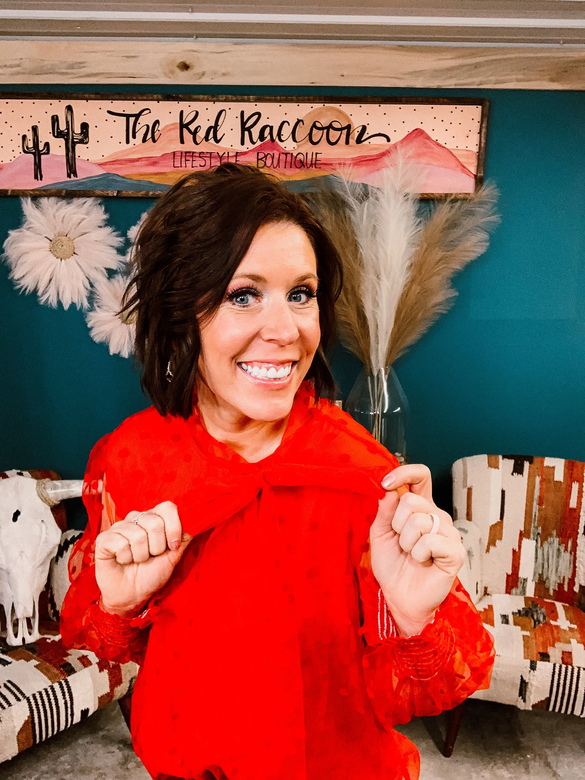 Red Polka Dot L/S Blouse with Neck Tie