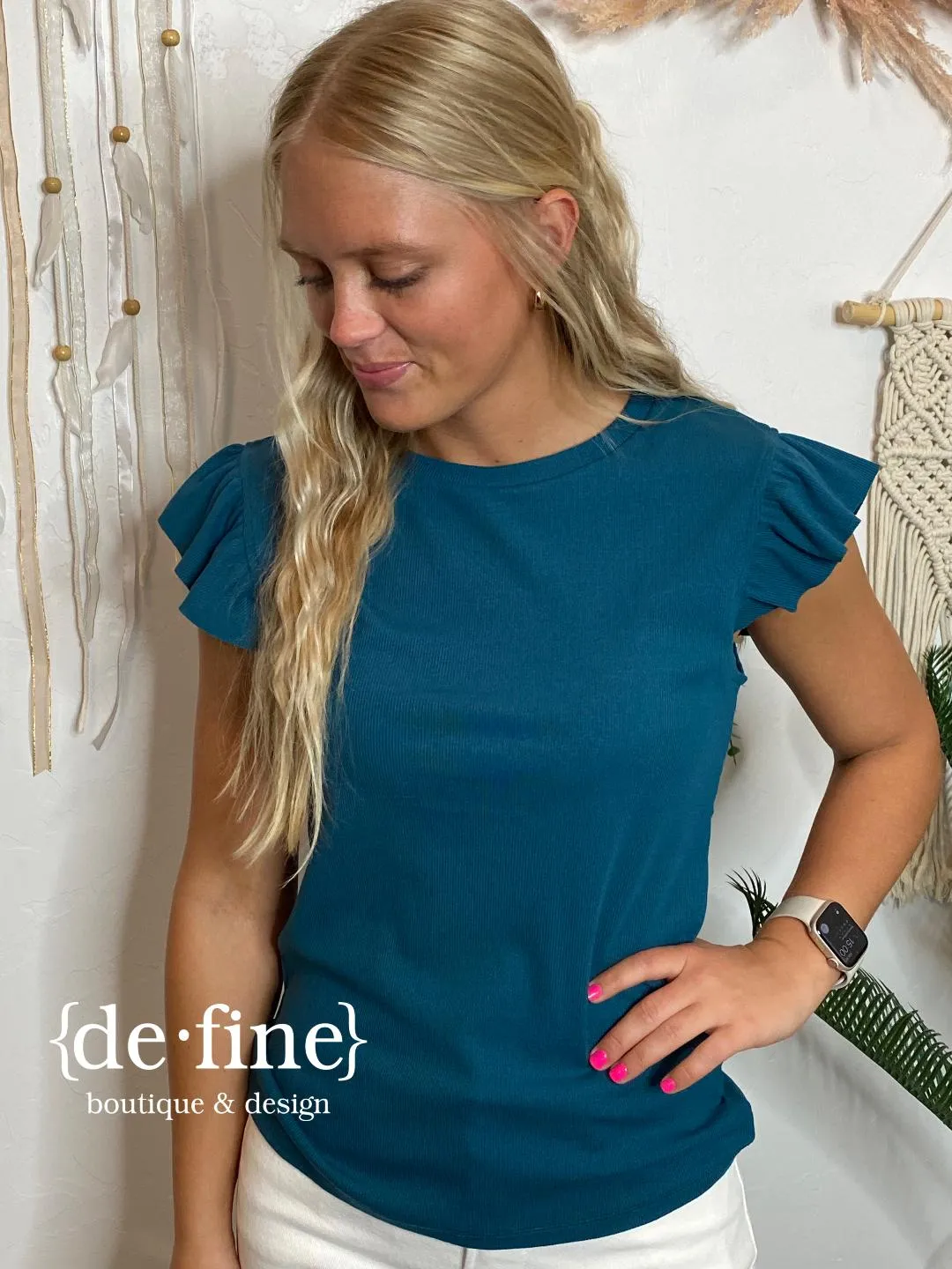 Ribbed Knit Top with Ruffle Cap Sleeves in 3 Colors