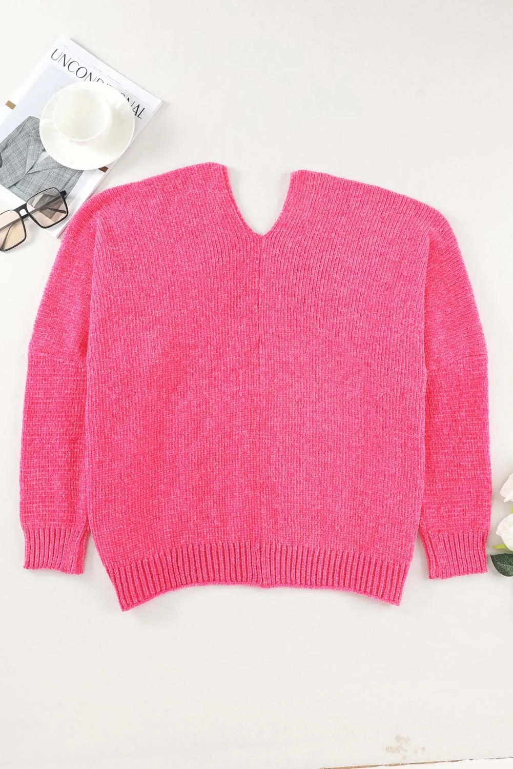 Rose Button Plunging V Neck Pocketed Sweater Cardigan