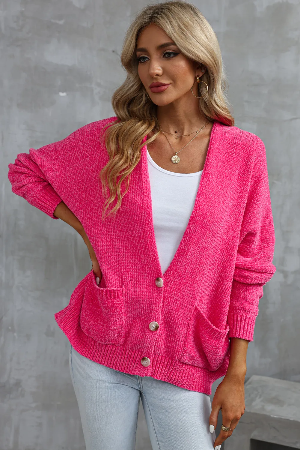 Rose Button Plunging V Neck Pocketed Sweater Cardigan