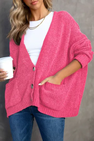 Rose Button Plunging V Neck Pocketed Sweater Cardigan