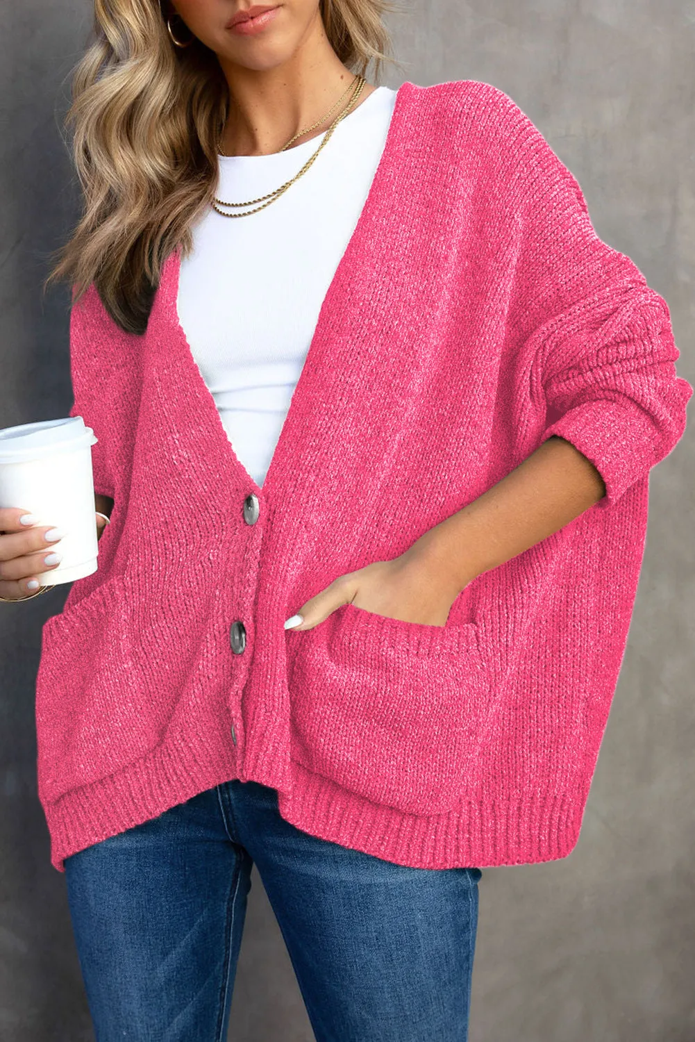 Rose Button Plunging V Neck Pocketed Sweater Cardigan