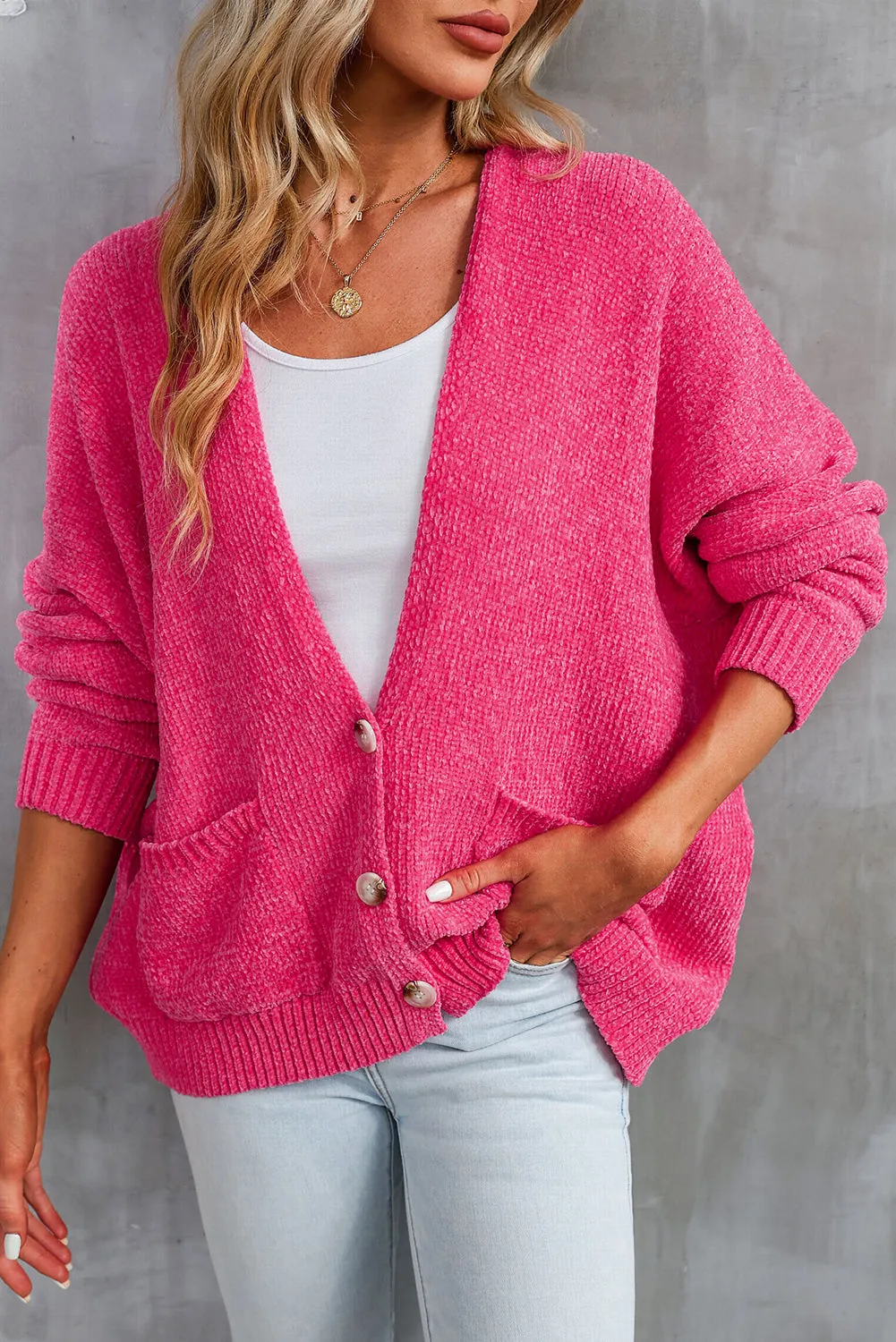 Rose Button Plunging V Neck Pocketed Sweater Cardigan