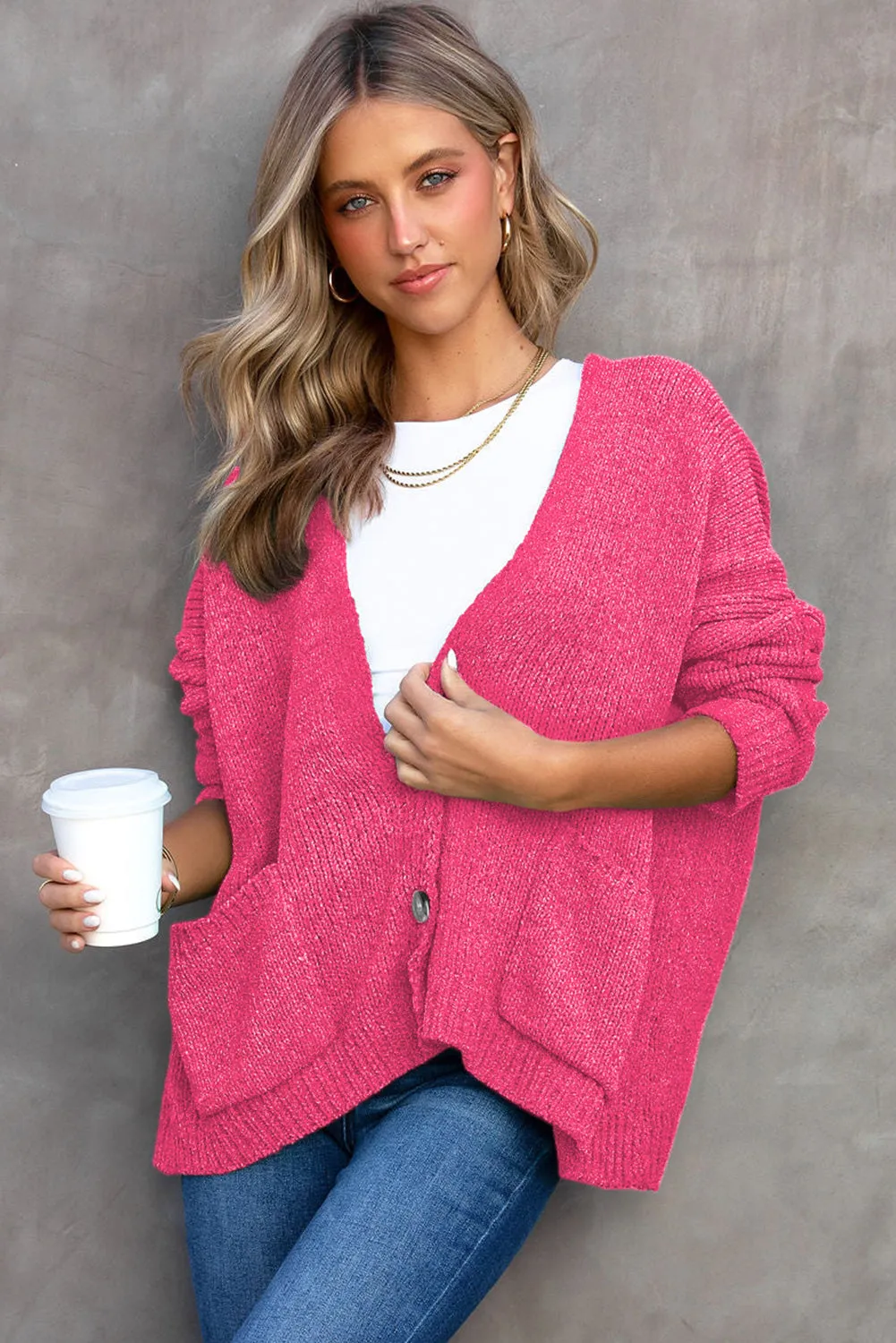Rose Button Plunging V Neck Pocketed Sweater Cardigan