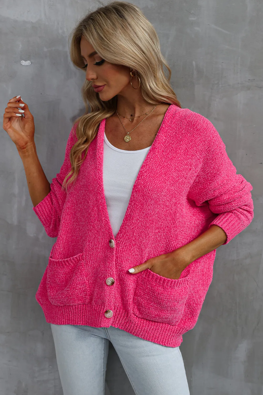 Rose Button Plunging V Neck Pocketed Sweater Cardigan