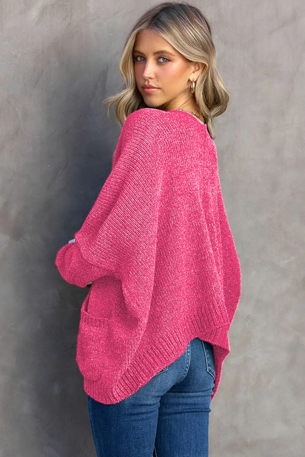 Rose Button Plunging V Neck Pocketed Sweater Cardigan
