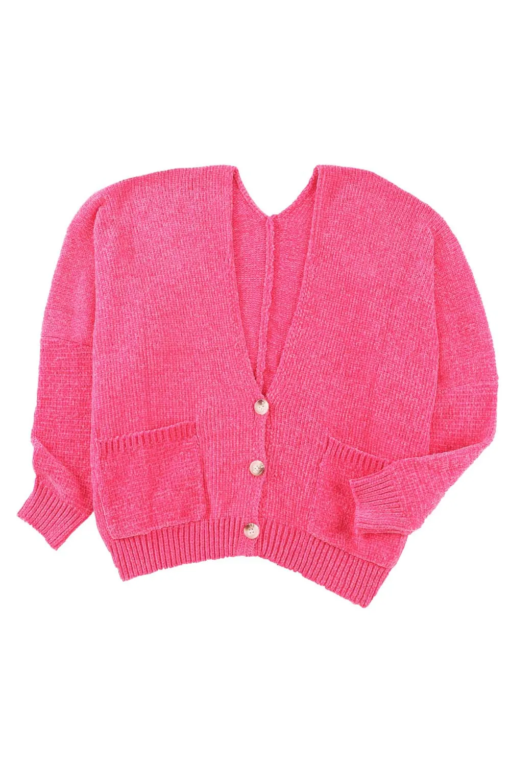 Rose Button Plunging V Neck Pocketed Sweater Cardigan