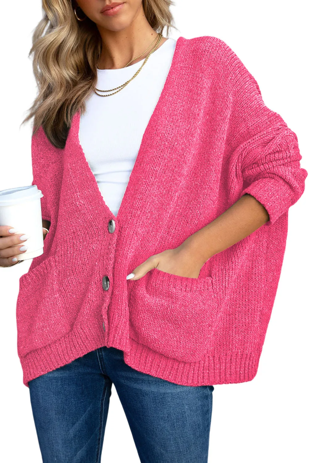Rose Button Plunging V Neck Pocketed Sweater Cardigan