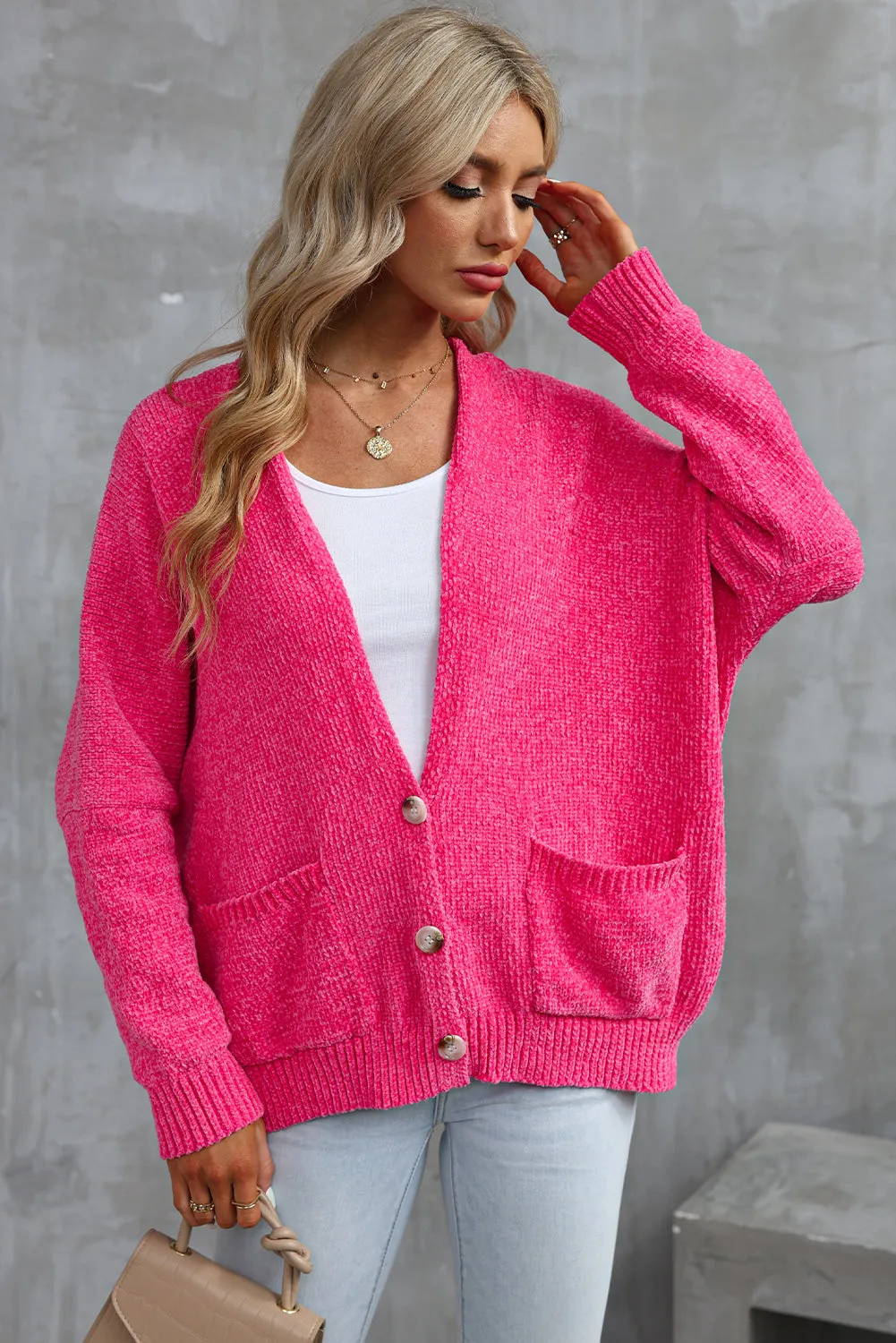 Rose Button Plunging V Neck Pocketed Sweater Cardigan