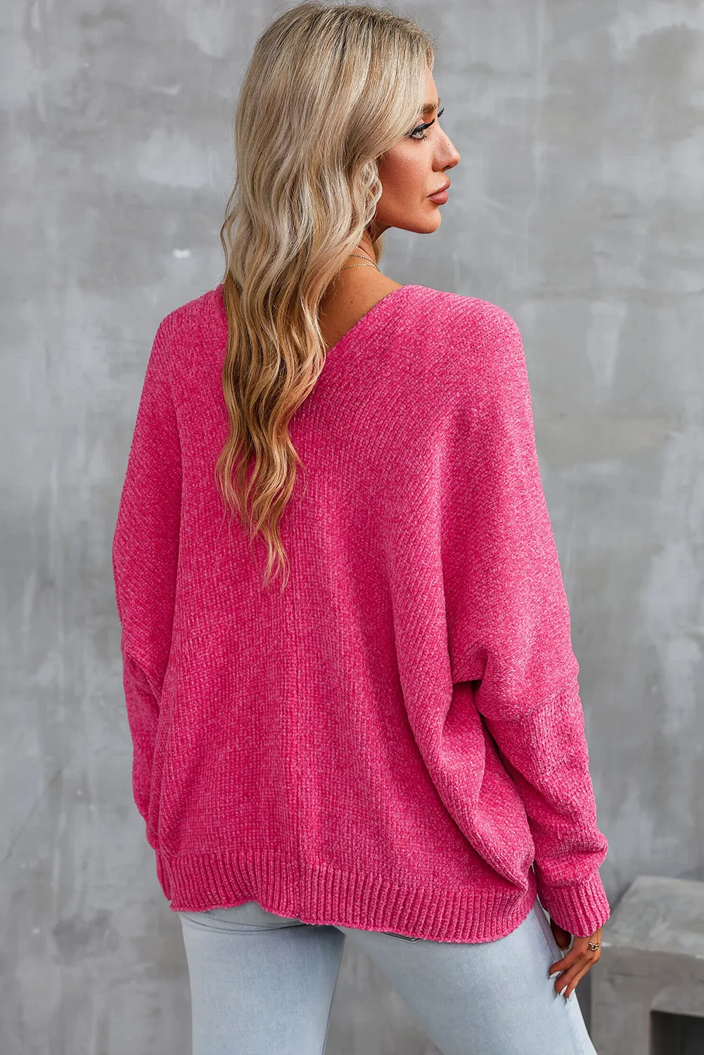 Rose Button Plunging V Neck Pocketed Sweater Cardigan