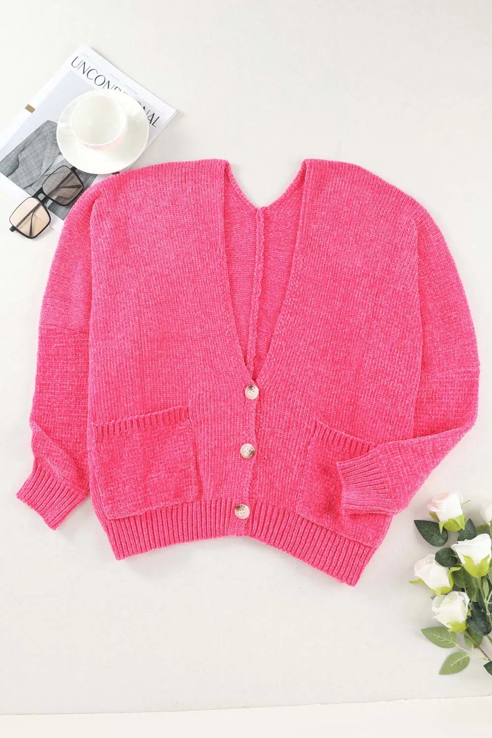 Rose Button Plunging V Neck Pocketed Sweater Cardigan