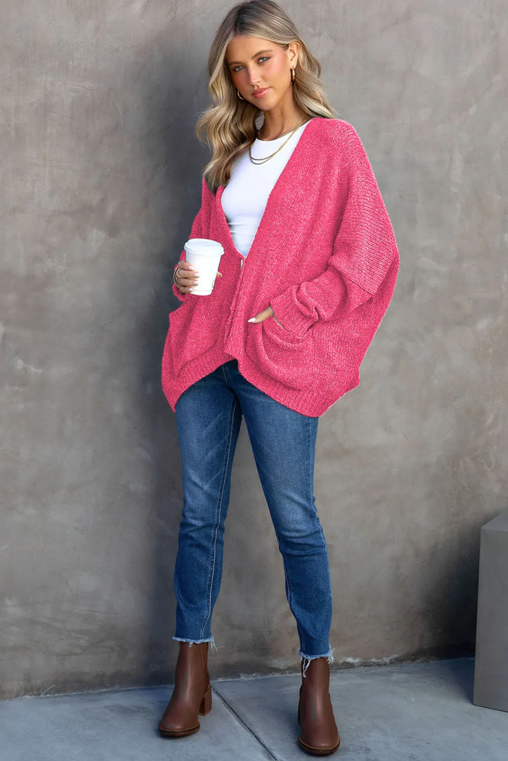 Rose Button Plunging V Neck Pocketed Sweater Cardigan