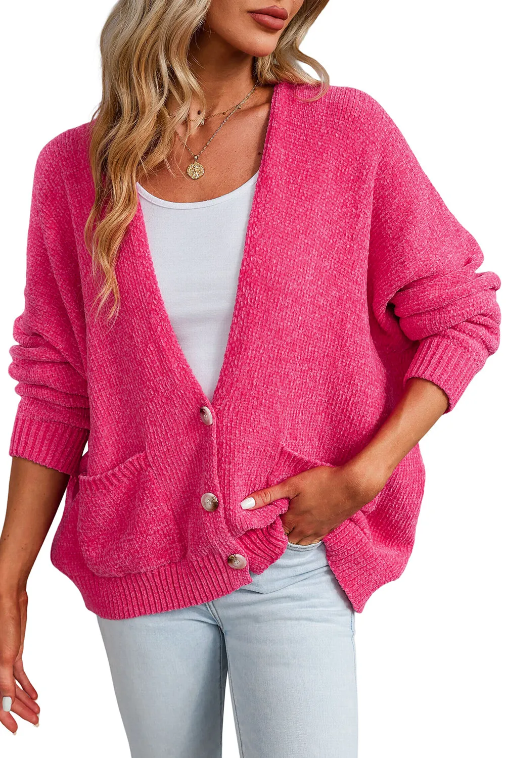 Rose Button Plunging V Neck Pocketed Sweater Cardigan