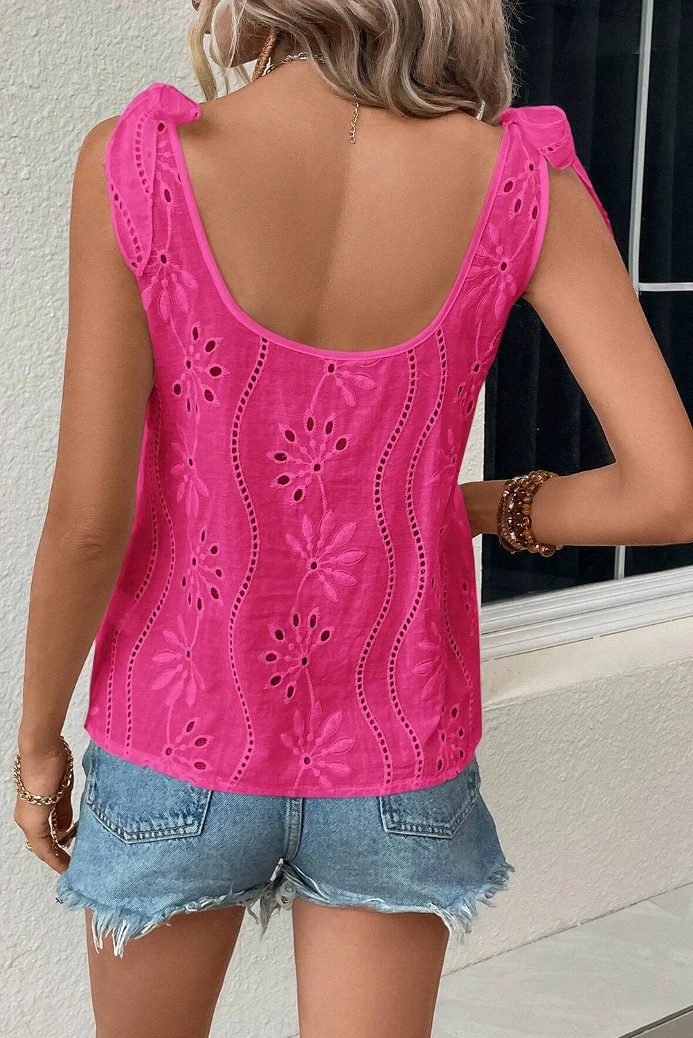 Rose Red Embroidery Detail Knotted Straps V Neck Tank Top