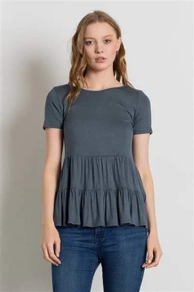 Round Neck Ruffle Detail Top Titanium - Pack of 6