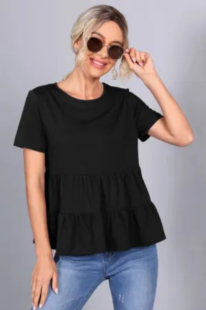 Ruffle Hem Black Solid Top