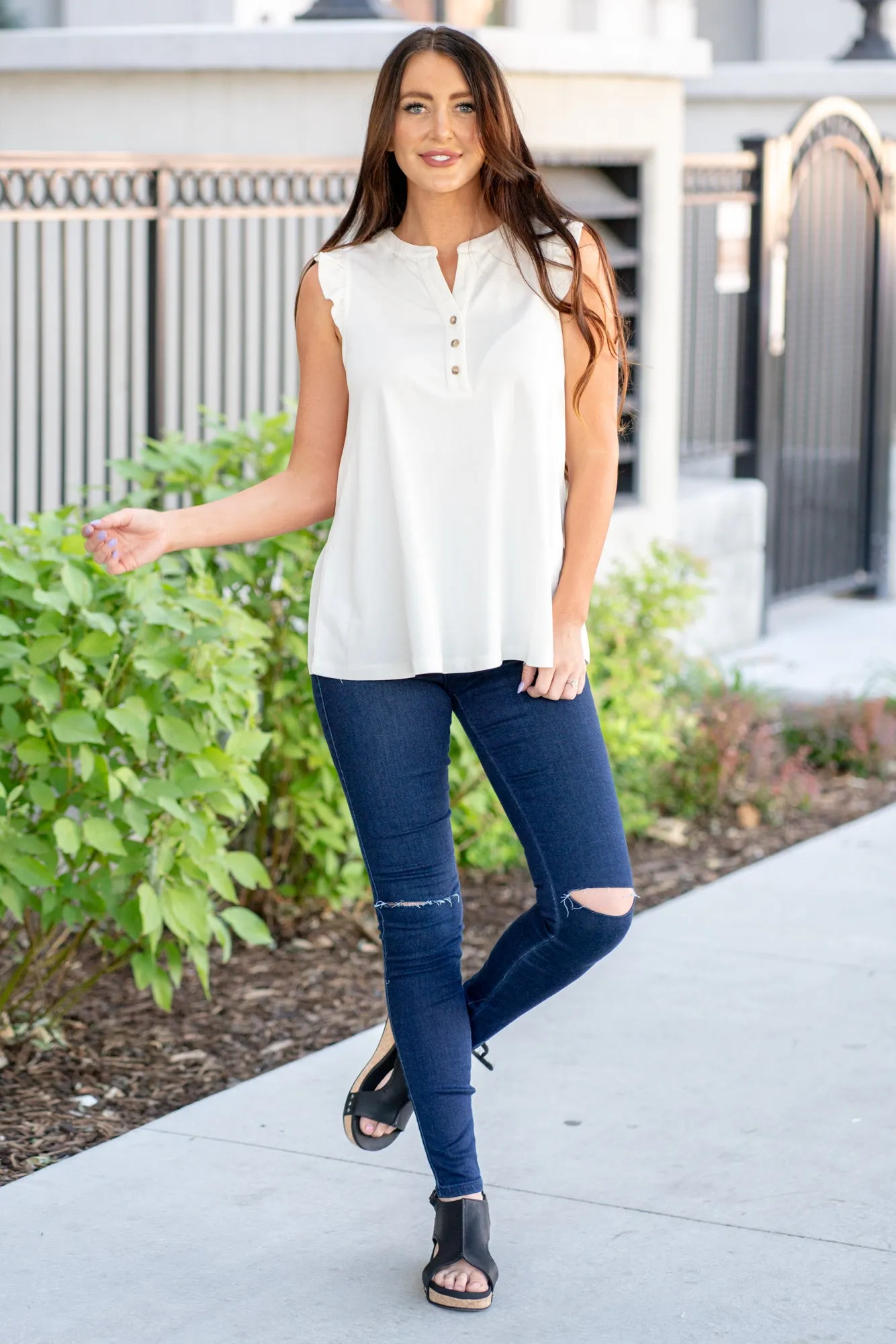 Ruffle Shoulder Knit Top - White