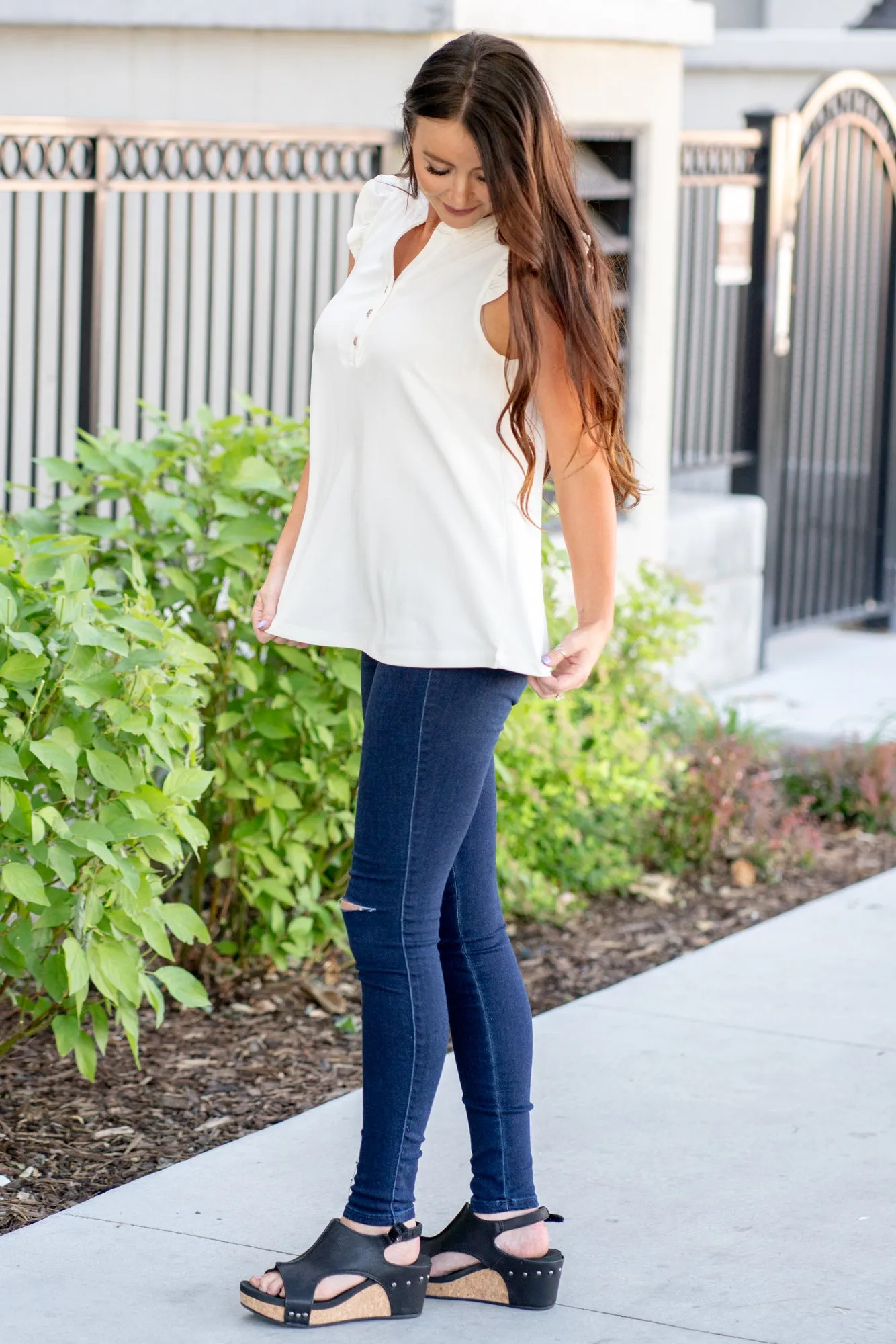 Ruffle Shoulder Knit Top - White