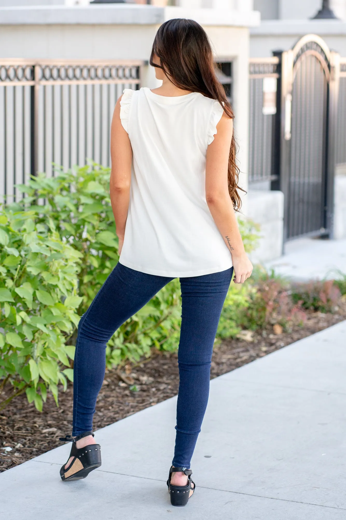 Ruffle Shoulder Knit Top - White