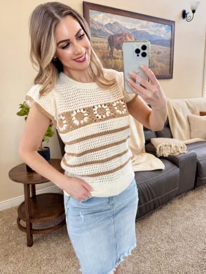 Ruffle Sleeve Crochet Top in Cream and Mocha