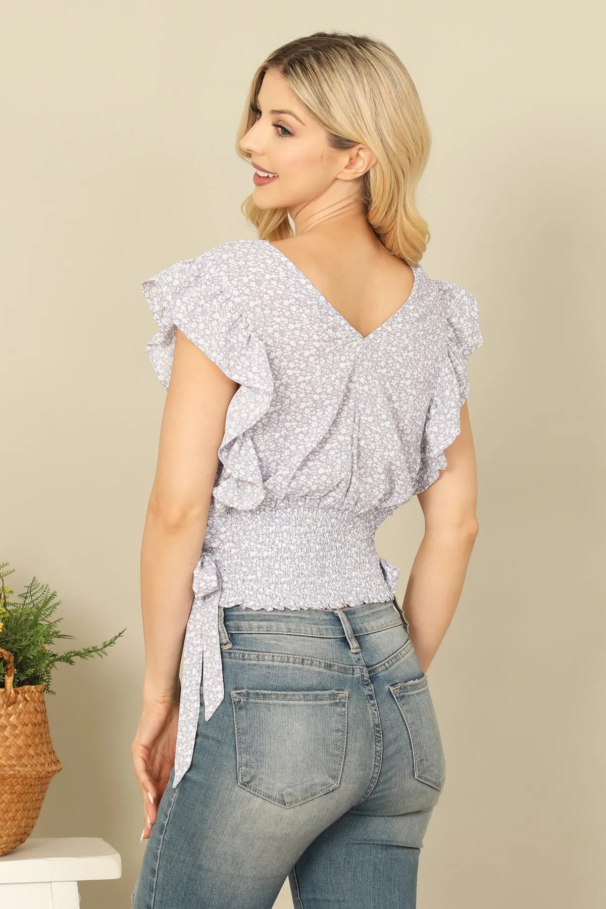 RUFFLE SLEEVELESS SIDE RIBBON SMOCKED WAIST FLORAL TOP