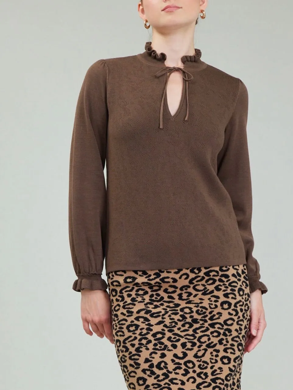 Ruffle Tie Neck Sweater - Brown FINAL SALE