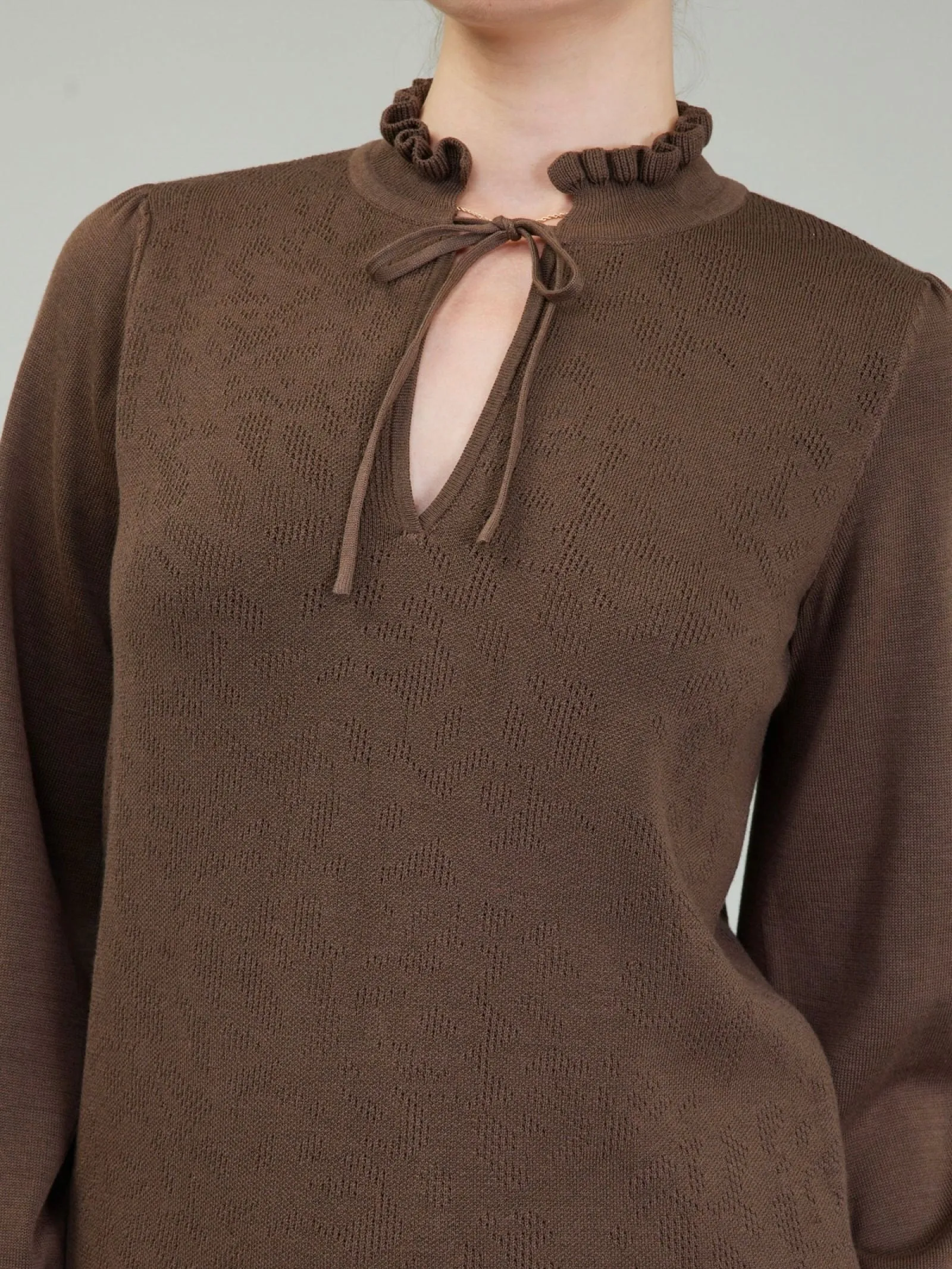 Ruffle Tie Neck Sweater - Brown FINAL SALE