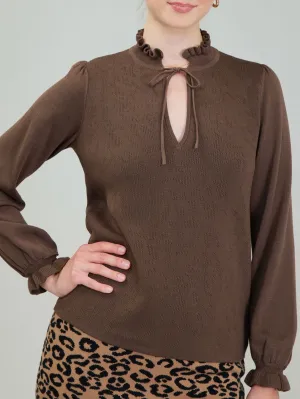Ruffle Tie Neck Sweater - Brown FINAL SALE