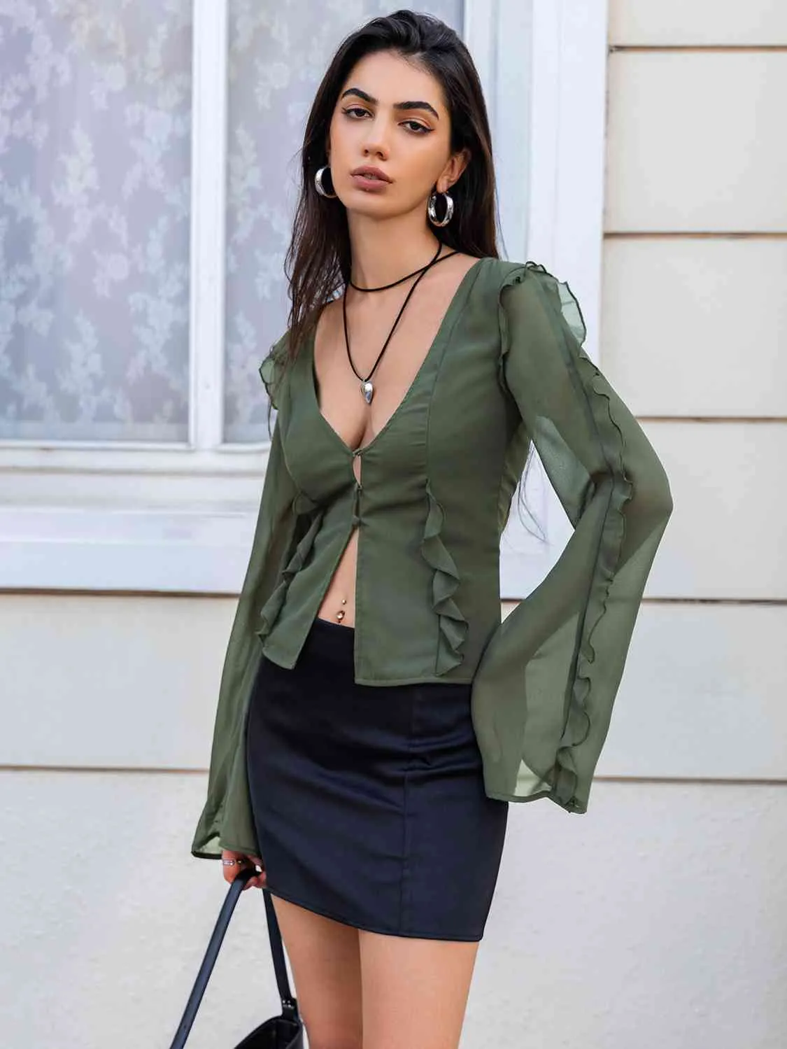 Ruffled V-Neck Long Sleeve Top