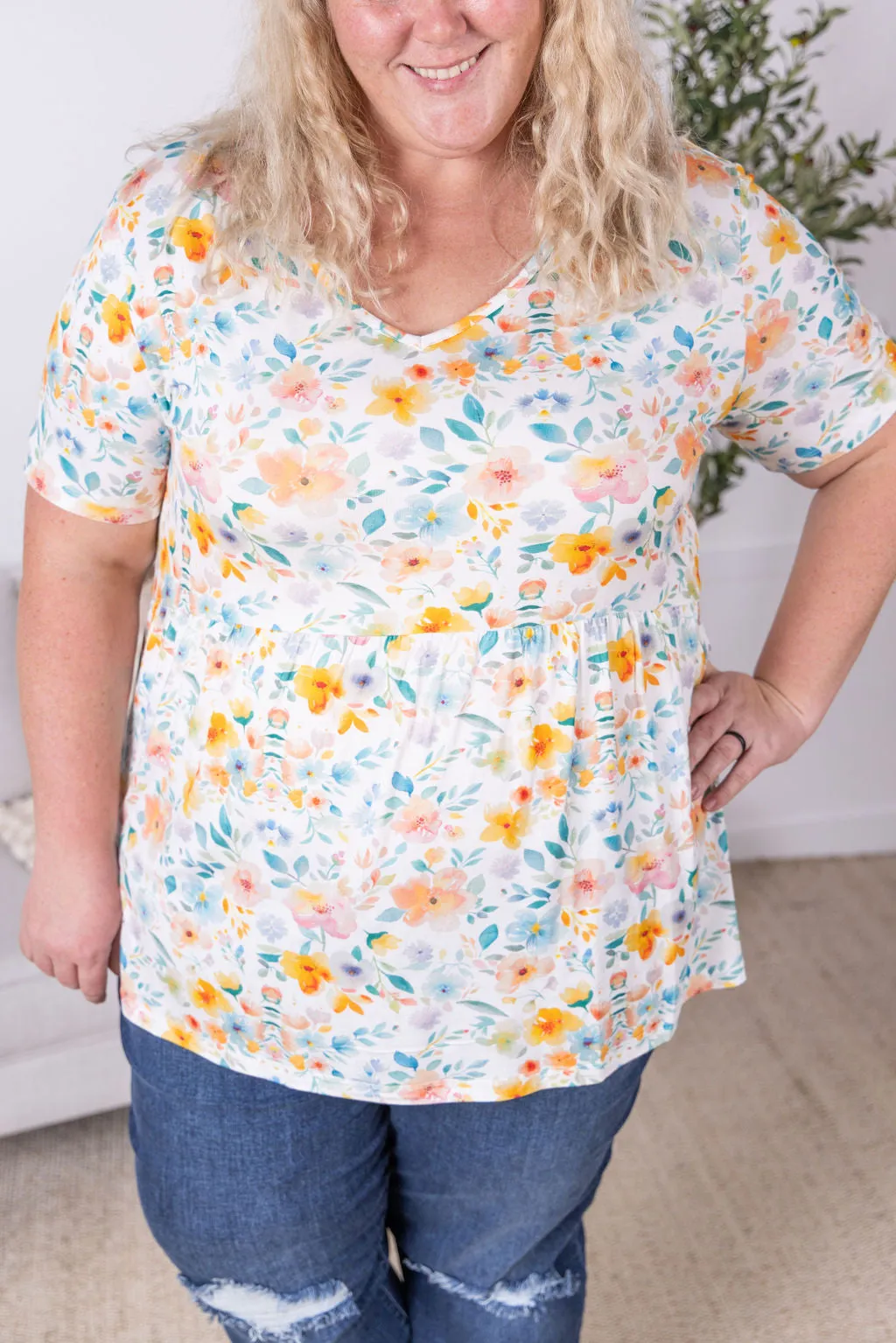 Sarah Ruffle Short Sleeve - Watercolor Floral