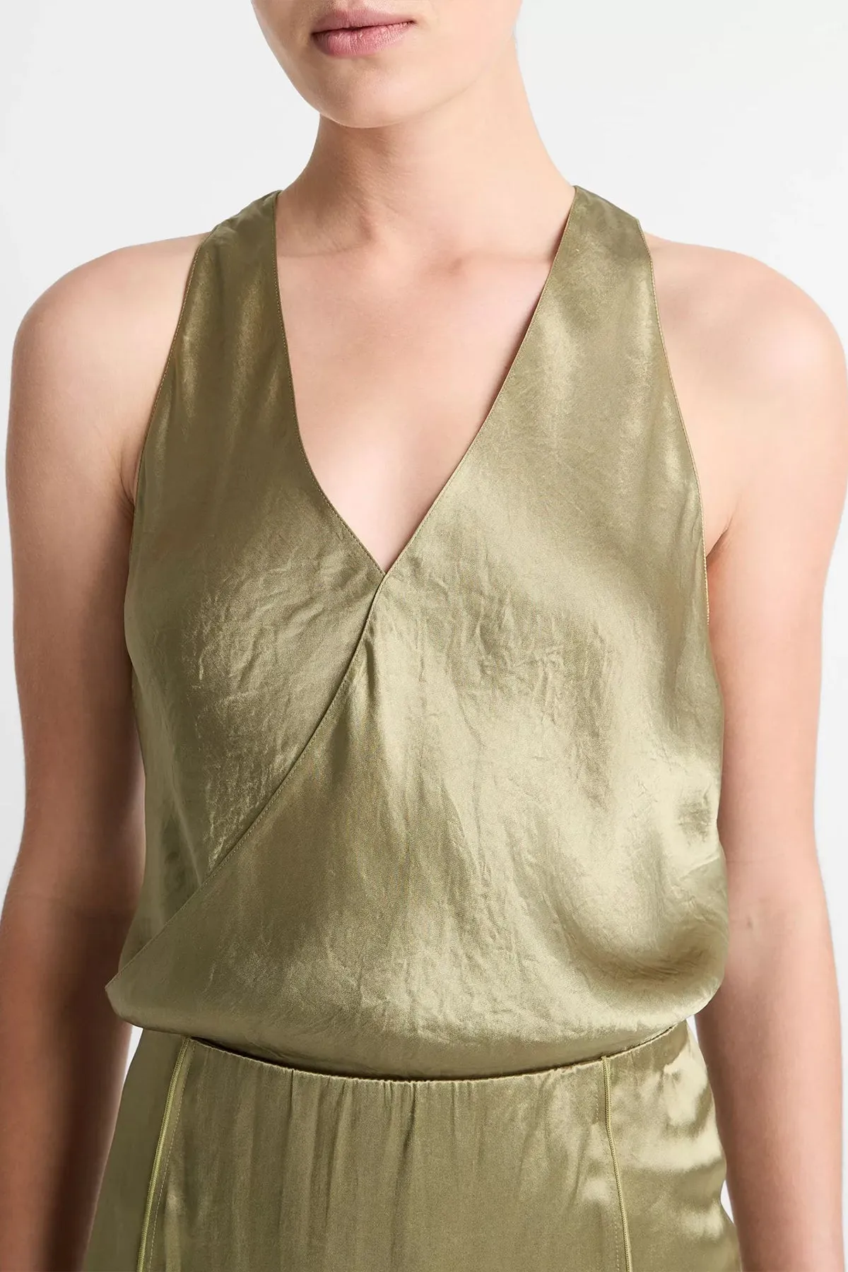 Satin Crossover V-Neck Tank in Earthly