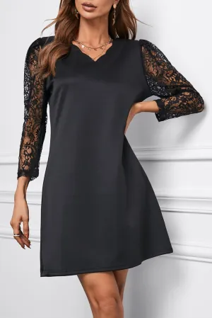 Scalloped V Neck Lace Sleeve Splicing Shift Mini Dress