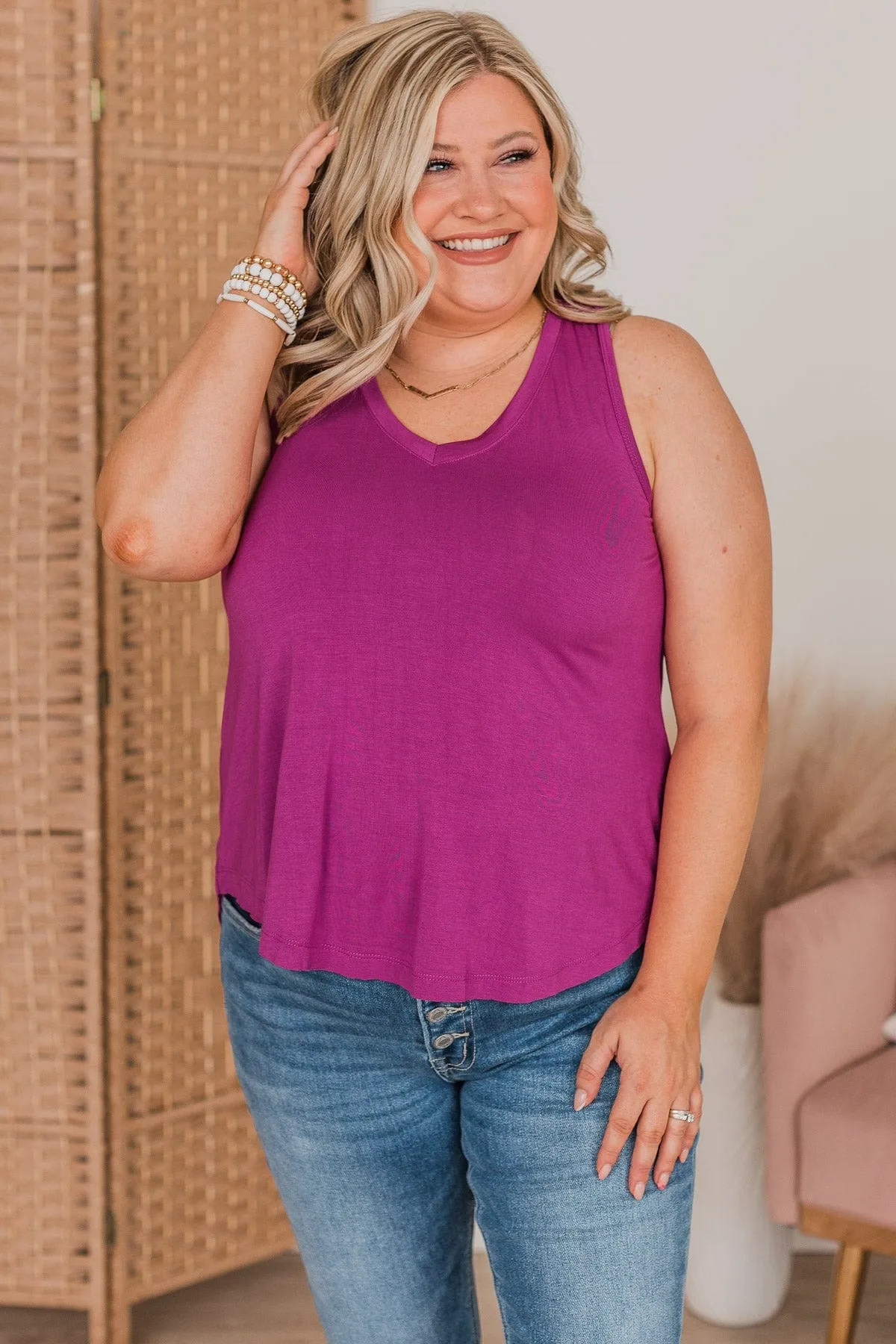 Searching For Joy V-Neck Tank Top- Dark Orchid